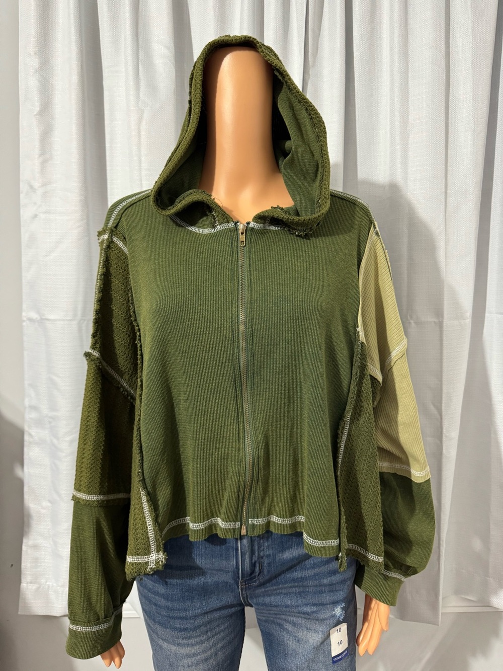 Cool POL size S olive green oversized full zip hooded long sleeve sweatshirt new